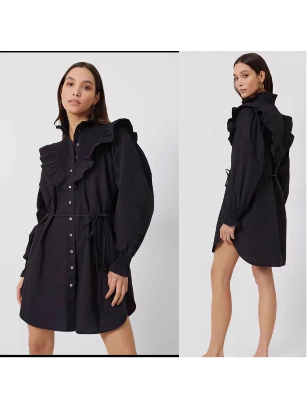 French Connection Cotton Preppy Poplin Smock-Neck Black Ruffle Dress 10 NWOT